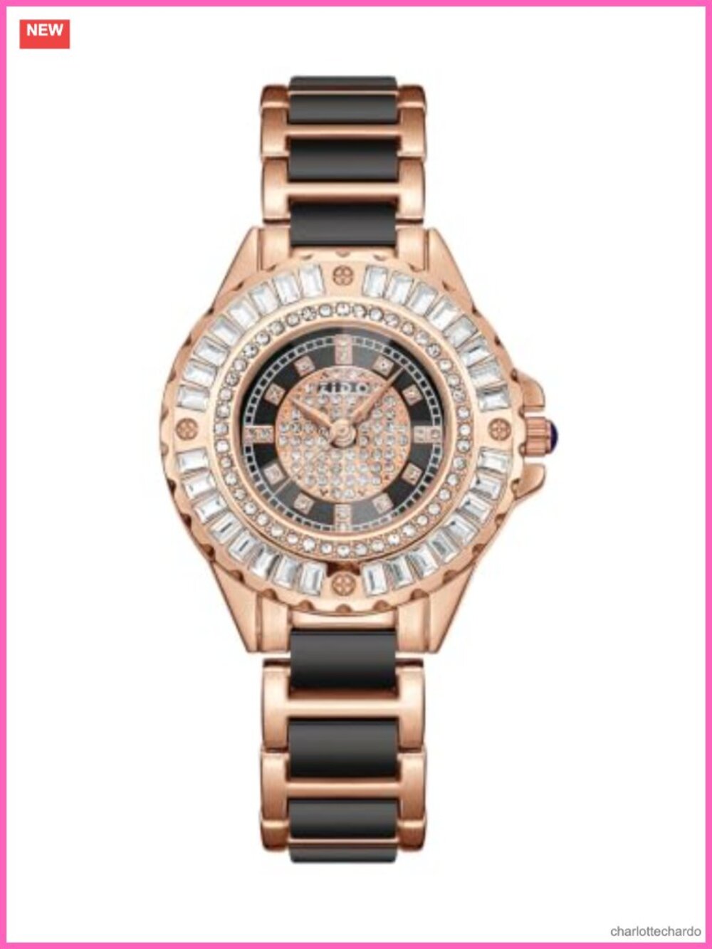 Quartz Watch with Rose Gold Stainless Steel Ceramic Bracelet Rhinestone Dial